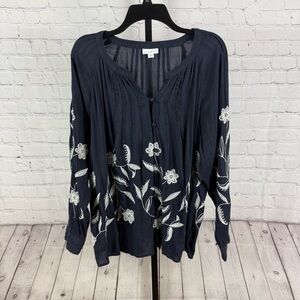 J. Jill Navy and White Embroidered Long Sleeve Blouse Size Large Petite
